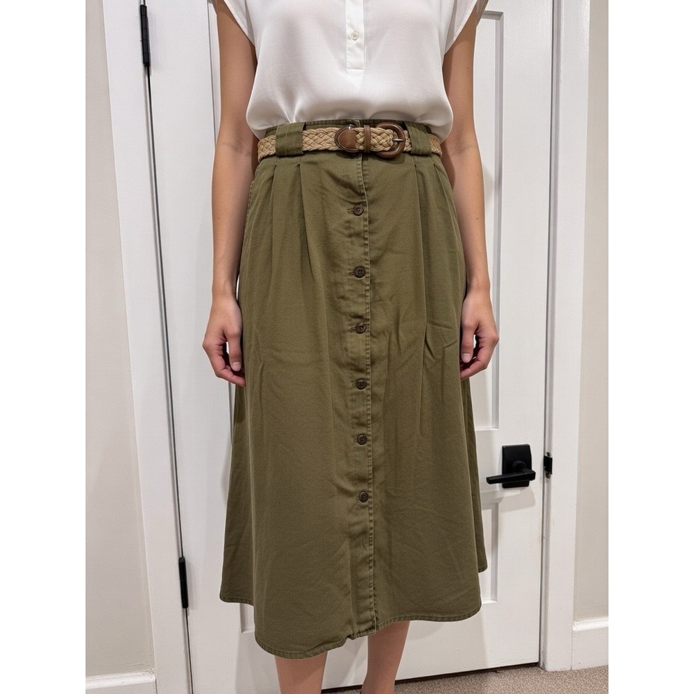 Rafaella Khaki Midi Skirt Large  XL Linen Olive Green Safari Belted Strech Waist